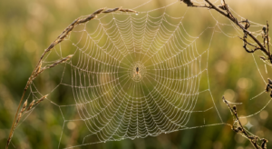 Spinnenweb met dauwdruppels, beeld bij de verwevenheid van familie en erfenis